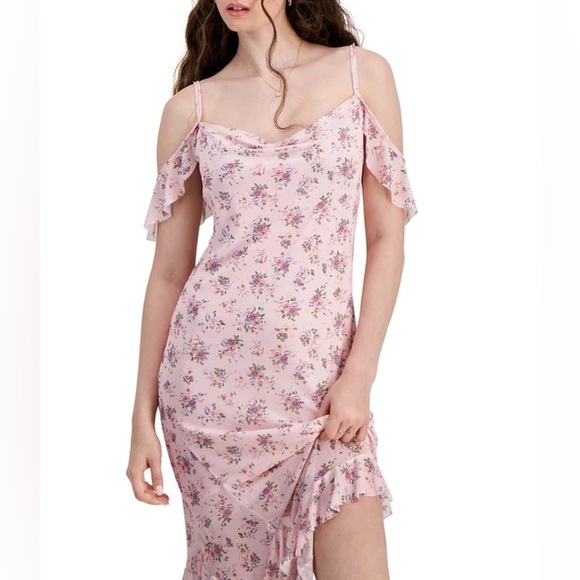 Tinseltown Mesh Ruffle Cold Shoulder Midi Dress Cloud Pink Juniors XS Cowl Neck - Picture 9 of 10